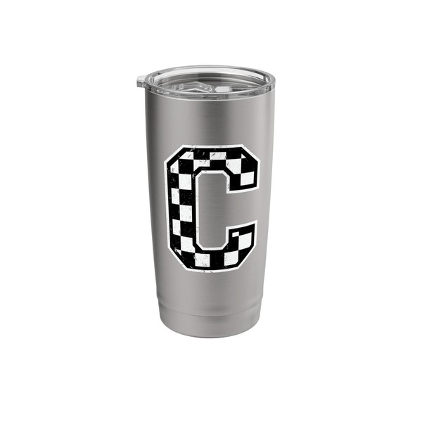 Letter C Initial Monogram Checkered Flag Racing Monogram Stainless Steel