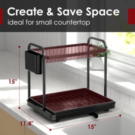 Sakugi Dish Drying Rack - Stainless Steel Dish Rack for Kitchen Counter, 2-Tier Kitchen Organizers and Storage Rack with Drainboard and Cutlery Holder, Large, Black