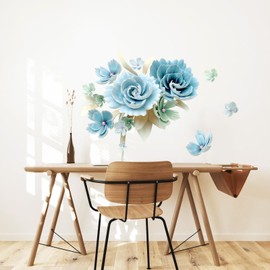 Tanlaby 3D Flower Wall Stickers, Large Blue White Floral Wall Decals, Vinyl Wall Art Sticker for Bedroom Living Room Office Sofa Backdrop TV Wall Home Decor