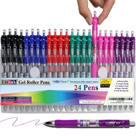 [24 Pens - 4Black, 4Blue, 4 Red, 4 Green, 4 Pink, 4Purple Ink] Think2 Retractable Gel Pens. Assorted Colors Fine Point (0.5mm) Rollerball Pens with Comfort Grip.