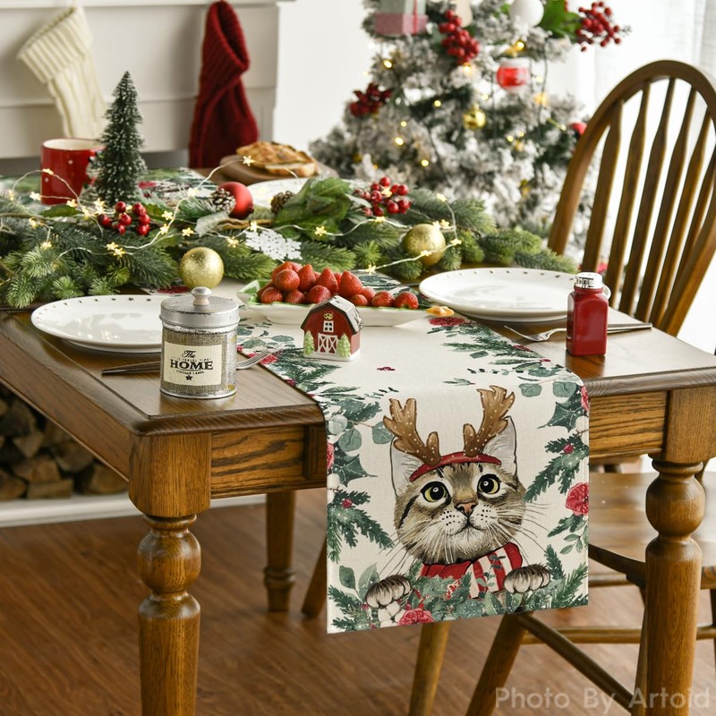 Artoid Mode Holly Flowers Eucalyptus Cat Christmas Table Runner, Winter,
