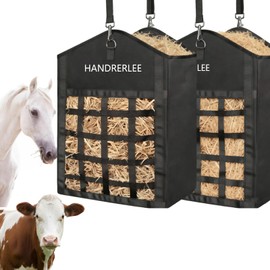 Hay Bags for Horses, 2PCS Slow Feed Hay Bags for Goats, Sheep, Donkey, Two-Sided Premium Oxford Hay Feed Bags and High Strength Metal Clasp, Easy to Hang with Adjustable Strap(Black, Large 2 Pack)