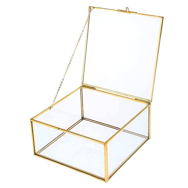 8MILELAKE Golden Vintage Accessory Box Showcase Glass Display Trinket Jewelry Case Transparent Jewelry Box Succulent Plant Box Square Box (16*16*8cm)