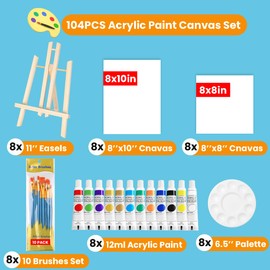 208Pcs Acrylic Paint Set with Canvas and Easel, Painting Kits with 16 Canvas, 8 Easels, 8x12 Colors Acrylic Paints, 8x10 Brushes, 8 Palettes, Canvas Paint Kit for Adults Kids Paint Party