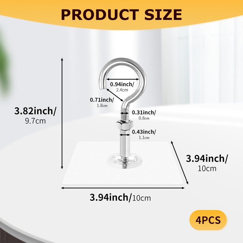 NINEFOX 4 Pack Adhesive Ceiling Hooks, Ceiling Hooks Heavy Duty