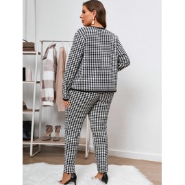 WDIRARA Women's Plus Size 2 Piece Outfits Houndstooth Open Front Jacket and Pants Business Set Black and White 3XL