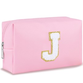 URSKYTOUS - Bolsa de maquillaje con inicial para mujer, bolsa de cosméticos grande, bonita bolsa de maquillaje rosa para cartera, bolsa de aseo con cierre, organizador de piel sintética, brochas de maquillaje, bolsa de almacenamiento de maquillaje, j