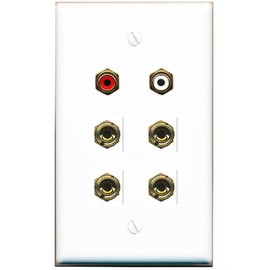 RiteAV 4 Banana (2 Speaker) Binding Post Wall Plate with 2 RCA Jacks (Red+White) - Flat Style [White]