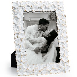 Axeman 5x7 Vintage Picture Frame, Flower Textured Hand-Crafted Resin Photo Frame with HD-Tempered Glass for Tabletop & Wall Display, Decorative Floral Design Home Décor, Art, Wedding, White & Gold