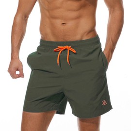 JustSun Men's Quick-Drying Board Shorts with Mesh Lining and Adjustable Drawstring, Army Green