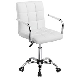 Yaheetech White Desk Chairs with Wheels/Armrests Modern PU Leather Office Chair Midback Adjustable Home Computer Executive Chair 360° Swivel
