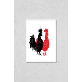 Poster Reproduction of Chinese zodiac, rooster. Chinese New Year. Couple of rooster are looking to the right. Imitation of hand drawing or painting of the silhouettes with Variation Number 3