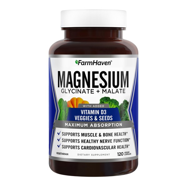 FarmHaven Magnesium Glycinate & Malate Complex w/Vitamin D3, 100% Chelated for Max Absorption, Vegetarian – Bone Health, Nerves, Muscles, 120 Capsules, 60 Days
