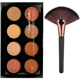 8 Colours Highlighter, Blusher, Bronzer, Bronzing Face Contour Palette + Large Rose-Gold Fan Cheek/Blending/Contour/Highlighter/Bronzer/Dust Makeup Brush