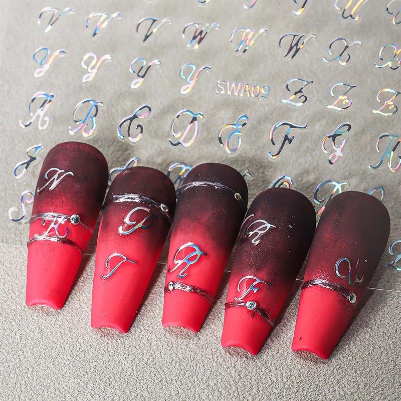 CHANGAR Retro-Buchstaben-Nagelkunst-Aufkleber, alte englische Buchstaben, Nagelabziehbilder, weiß-schwarz, Laser, 3D, englisches