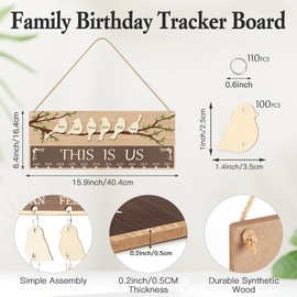 TOARTi Lovely Bird Themed Birthday Calendar Wall Hanging with 100 pcs Tags (15.75''x 6.3''), This Is Us Family Birthday Reminder Board, DIY Wooden Birthday Calendar Tracker Plaque for Home Office