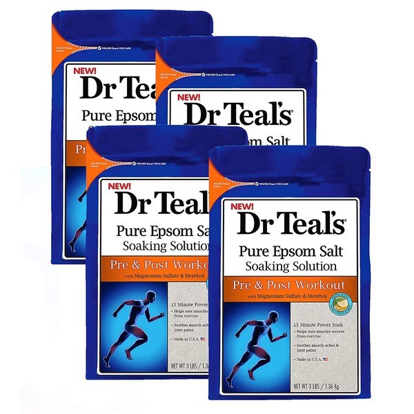 Dr Teal's Epsom Salt 4-pack (12 lbs Total) Pre & Post Workout with Magnesium Sulfate and Menthol