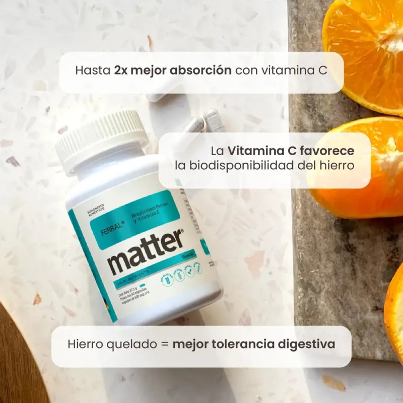 Matter Ferral Hierro Bisglicinato Ferroso y Vitamina C, Alta absorción,