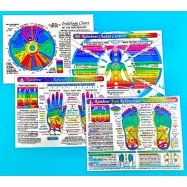 SET 4 CHARTS: REFLEXOLOGY-FOOT & HAND, CHAKRAS, & IRIDOLOGY (EYE Reflexology). in Inner Light Resources RAINBOW® Charts Series. 8.5 x 11 in. (Small Poster/ Large Cards)