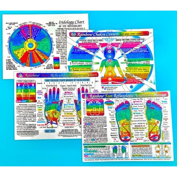 SET 4 CHARTS: REFLEXOLOGY-FOOT & HAND, CHAKRAS, & IRIDOLOGY (EYE