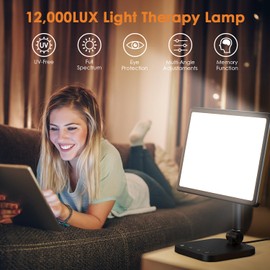 RICIAL Light Therapy Lamp，UV-Free 12000 Lux Sun Lamp with Adjustable 5 Brightness & 1800-6500K Color Temperatures & 1H Timer Functions，Rotable Large Surface with One-toch MAX Brightness Sunlight Lamp