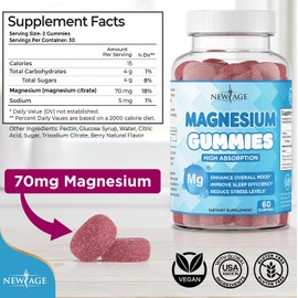 New Age Gomitas de magnesio – Gomitas calmantes antiestrés, suplemento de magnesio para adultos y niños, veganas, sin gelatina, sin gluten, sin OMG, delicioso sabor a frambuesa natural, 120 unidades