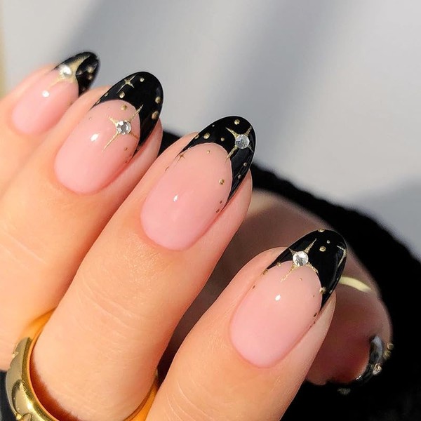 Black French Tips Press on Nails Short Oval Fake Nails