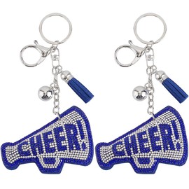SOFPLATE 1 Box 2Pcs Cheer Keychain Bulk Megaphone Key Chains Blue Large Bling Word Inspiration Alloy Keyring Tassel Cheerleading Key Rings for Car Keys Women Men Bags Purses Party Favor Wedding