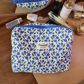 Miucatch Makeup Pouch, Large Capacity, Travel, Large, Vertical, Popular, Cute, Floral Pattern, Quilting, For Women, Cosmetics Storage, blue