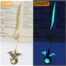 Jeffdad Feather Dragon Bookmark, Metal Bookmark Glow in The Dark Dragon Bookmark, Fantasy Bookmark Gifts for Women Men, Cool Bookmarks for Book Reading Lovers(Gold Dragon)