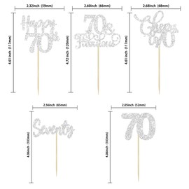 Paquete de 30 adornos para magdalenas de 70 cumpleaños con purpurina plateada de 70 años de edad, para 70 cumpleaños, aniversario, fiesta, decoración de pasteles