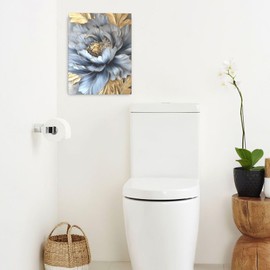 Blue Golden Peony Flower Wall Art For Female Gold Bathroom Canvas Wall Decor Boho Floral Pictures Aesthetic Textured Paintings Prints Modern Woman Artwork Framed Decorations For Bedroom Living Room Office Gifts 16" x 20"