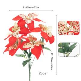 JOJAZE 2PCS Poinsettia Flowers Artificial Xmas Red Glitter Silk Poinsettias Bouquet Winter Artificial Fake Silk Poinsettia Bushesfor Indoor Outdoor Xmas Party Holiday Decor Home Table Centerpiece