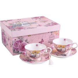 London Boutique Coffee Tea Cup and Saucer 2 Vintage Retro Rose Porcelain Set Gift Box