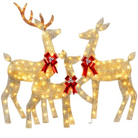YULETIME 3-Piece Pre-lit 3D Christmas Reindeer Family, Lighted Glitter Christmas Deer Family Holiday Decoration with Warm White LED Lights (3D Family)