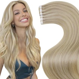 LaaVoo 55 cm Tape-In Real Hair Extensions Blonde Highlight Extensions Tape Real Hair Golden Blonde with Medium Blonde Hair Extensions Real Hair Tape in Remy Hair Seamles 20 Pieces 50 g #p16/22