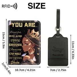 Passport Holder With Luggage Tag Set, Passport Cover With RFID Blocking, Multi-slot Passport Wallet, Waterproof Leather Travel Document Holder for Women Men, African American Woman Queen Butterfly