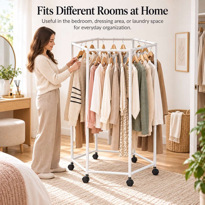 360° Rotating Clothes Rack for Bedroom Storage – Floor-Standing Iron