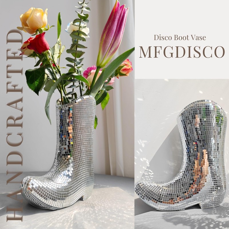 Handcrafted Disco Cowboy Boot Vase, Ceramic & Santiago Disco Ball