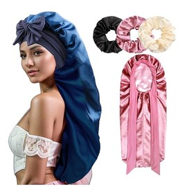 YUJIANMY Extra Long Satin Bonnet for Sleeping with 4 Scrunchies - Double Layer Large Hair Bonnet with Tie Band for Women - Curly Hair, Braids, Locs, Dreadlocks (Navy)
