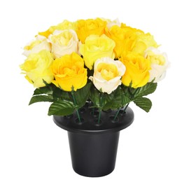 SF ARTIFICIAL YELLOW OPEN ROSE GRAVE POT WITH 16 FLOWERS - VASE INSERT MEMORIAL