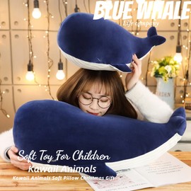Kekeso Large Blue Whale Stuffed Animal Plush Toy Soft Whale Hugging Pillow Cute Whale Plush Doll Toy Back Cushion Children Birthday Gift (45cm+25cm=17.71inch+9.84inch)
