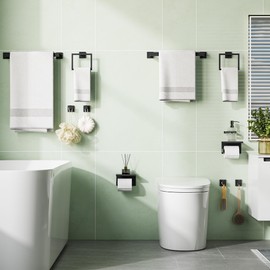 HAWKROWN 10-Pieces Bathroom Hardware Set, SUS304 Stainless Steel Wall Mounted 16 Inch Towel Bar, Toilet Paper Holder, Towel Hooks, Bathroom Towel Bar Set (Matte Black (Type 2), 10 Piece-16 inch)