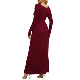 DEARCASE Maxi Dress for Women Burgundy Large Crewneck Long Sleeves Wedding Guest A-line Plain Casual Empire Waist Flowy Party Vintage Spring Fall Winter Floor Dresses with Pocket