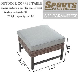Sports Festival Outdoor Patio Ottoman with Cushion All Weather Wicker Footrest Rattan Furniture Square Footstool Seat with Metal Frame for Deck Yard Lawn