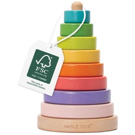 Merle Toys® Wooden Stacking Rings – 100% FSC-Certified Rainbow Stacker Toy with 8 Safe, Rounded Rings, Montessori Wooden Stacking Toys for 1 Year Old Boys & Girls, Boosts Motor Skills, Color Learning