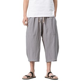 VINMORI Men's Sirwal Baggy Pants, Medium Pants, Long Shorts, Hakama Pants, Cropped Pants, Loose, Wide Pants, Summer, Plain, Adjustable Drawstring, Large Size, Ash (with back pocket),