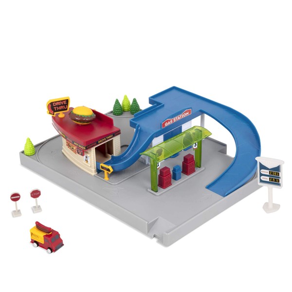 Driven by Battat WH1075Z Series Dine & Drive Pit Stop Pocket Playset – 5pc Set with Petrol Station, Food Truck, and Road Signs – Toys for Kids Aged 3 and Up, Multicoloured