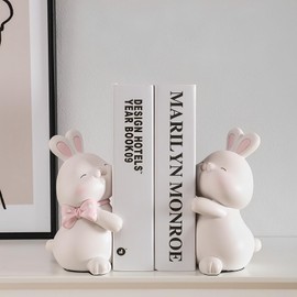 RISKIV Cute Rabbit Bookends, Decorative Kids Bookends for Shelves, Accommodates 1-4 Books (White)