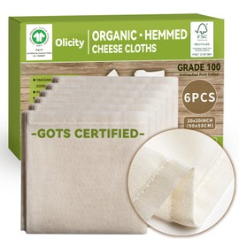 Organic Cheese Cloths, GOTS Certified, 6PCS, Grade 100, 20x20Inch Hemmed Cheese Cloth Fabric Reusable Fine Mesh Cloth, 100% Cotton Unbleached Muslin Cheesecloth for Straining, Cooking, Yogurt, Juicing